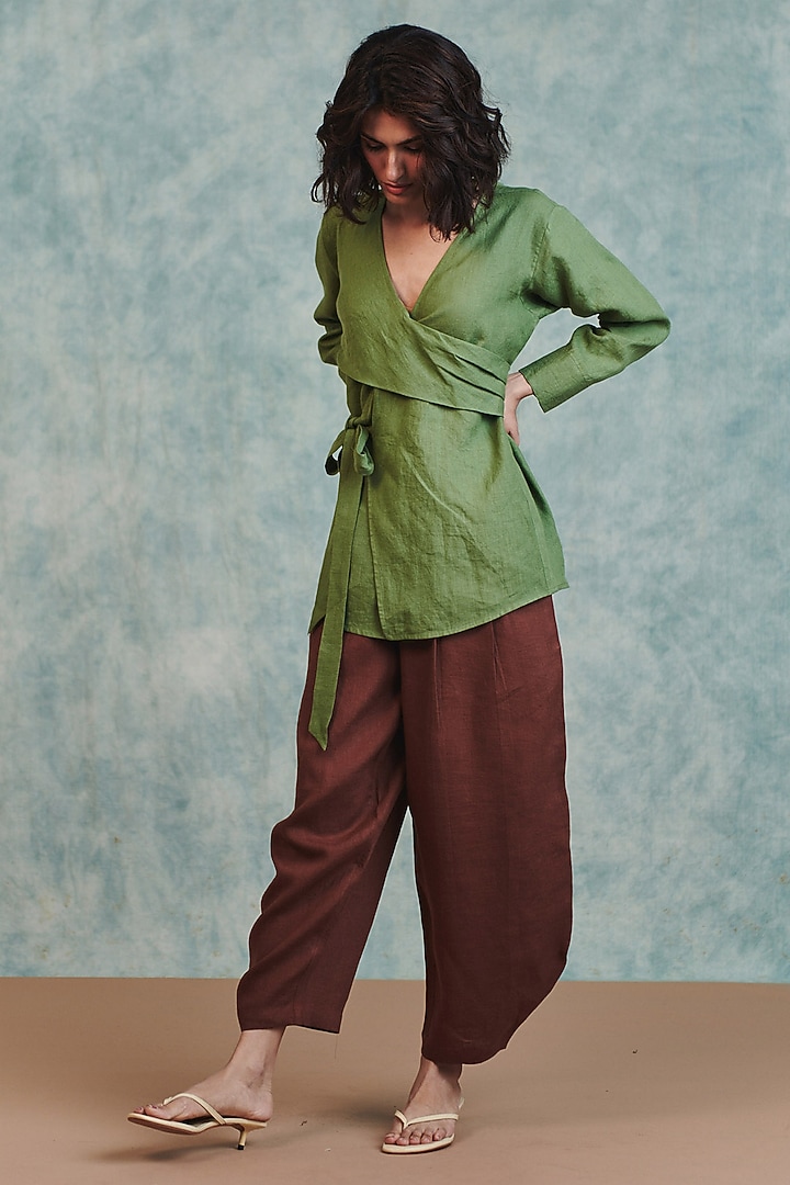 Brown Pure Linen Billow Pants by Saphed at Pernia's Pop Up Shop