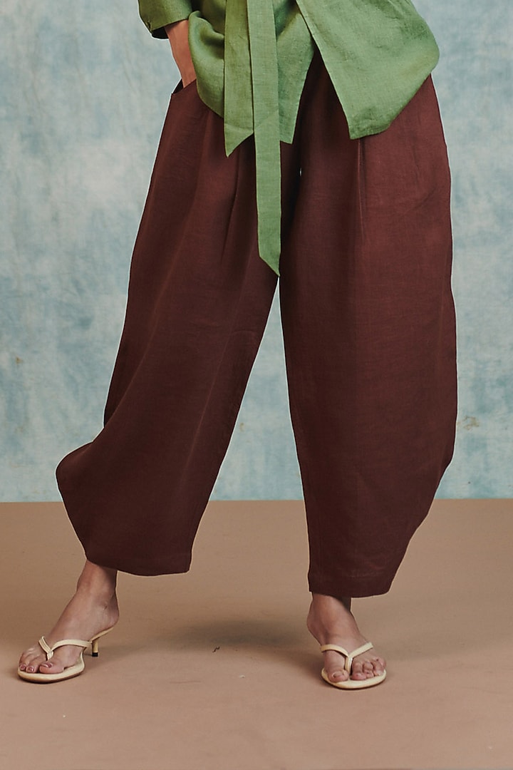 Brown Pure Linen Billow Pants by Saphed at Pernia's Pop Up Shop