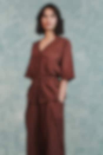 Brown Pure Line V-Neck Shirt by Saphed at Pernia's Pop Up Shop