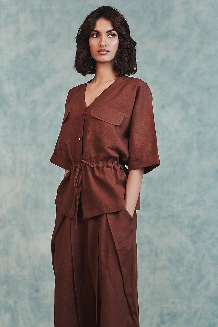 Brown Pure Line V-Neck Shirt by Saphed at Pernia's Pop Up Shop
