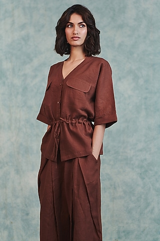 Brown Pure Line V-Neck Shirt by Saphed