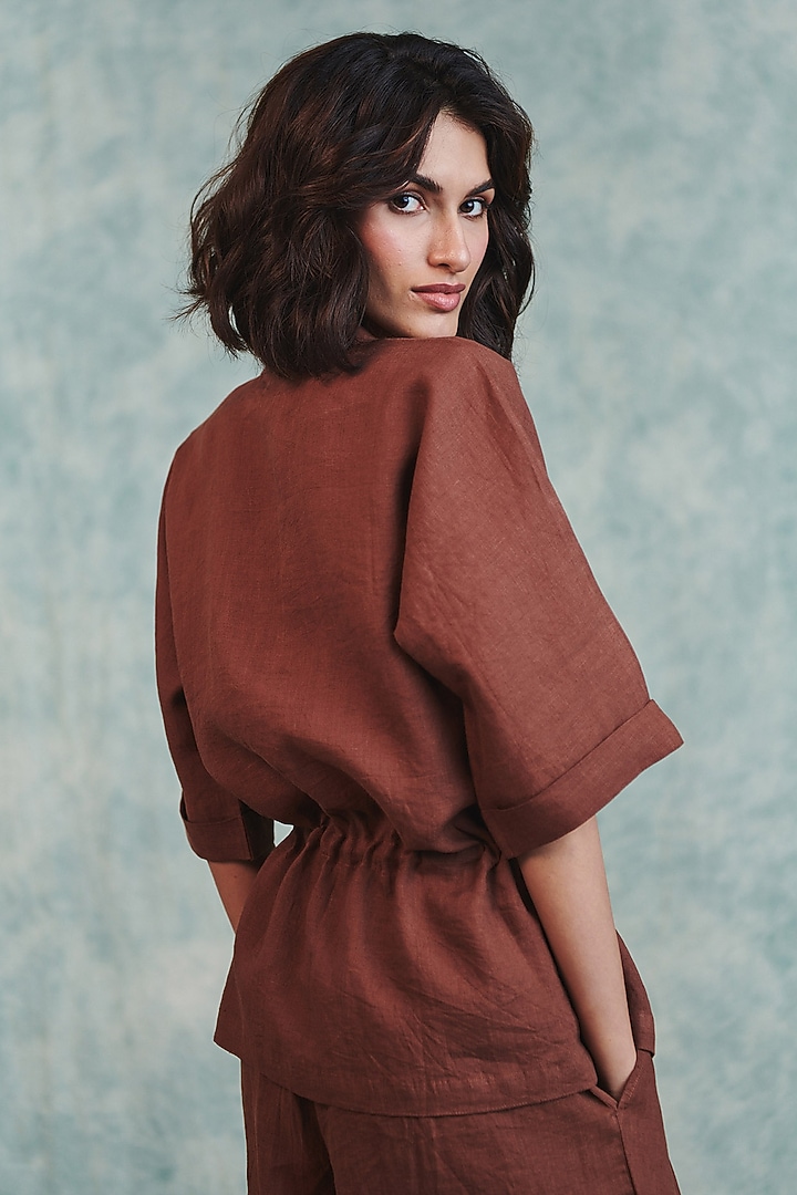 Brown Pure Line V-Neck Shirt by Saphed at Pernia's Pop Up Shop