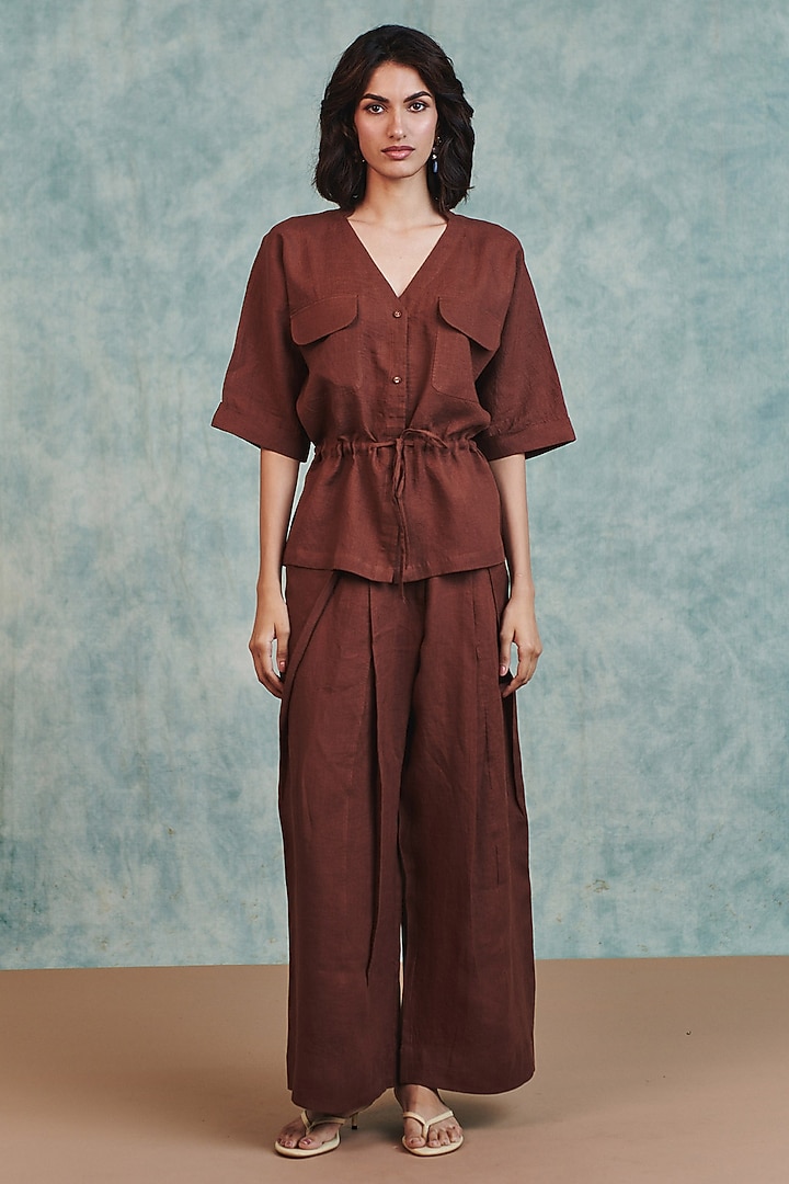 Brown Pure Line V-Neck Shirt by Saphed at Pernia's Pop Up Shop