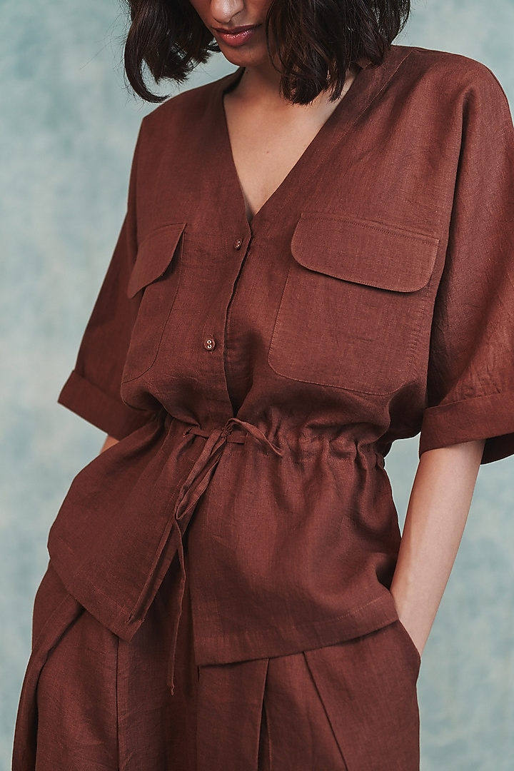 Brown Pure Line V-Neck Shirt by Saphed at Pernia's Pop Up Shop