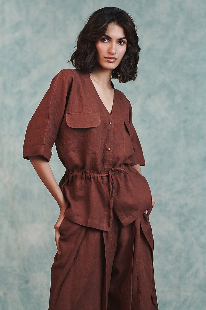 Brown Pure Line V-Neck Shirt by Saphed at Pernia's Pop Up Shop