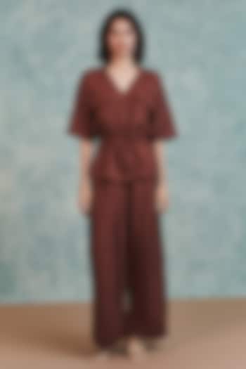 Brown Pure Linen Wide-Leg Pants by Saphed at Pernia's Pop Up Shop