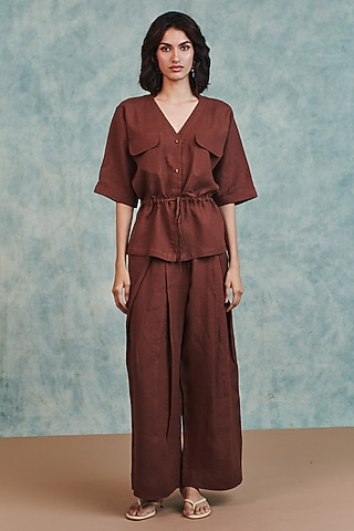 Brown Pure Linen Wide-Leg Pants by Saphed