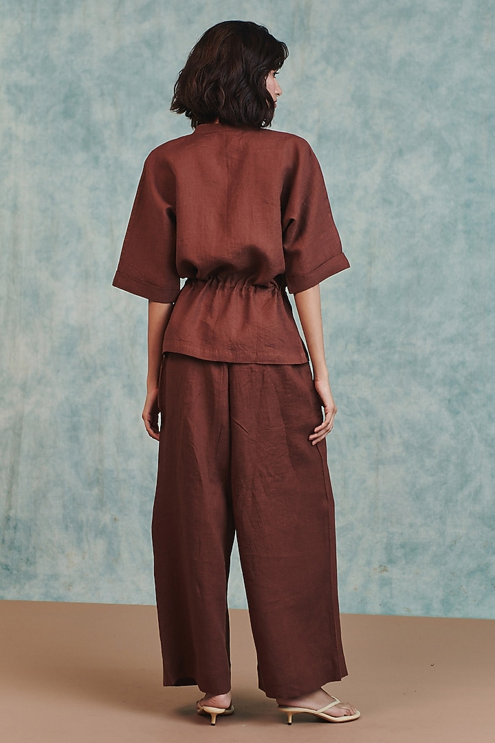 Brown Pure Linen Wide-Leg Pants by Saphed at Pernia's Pop Up Shop