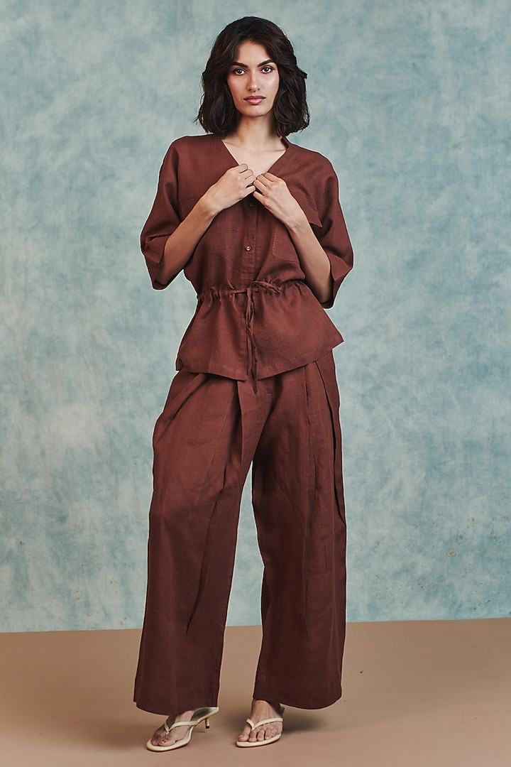 Brown Pure Linen Wide-Leg Pants by Saphed at Pernia's Pop Up Shop
