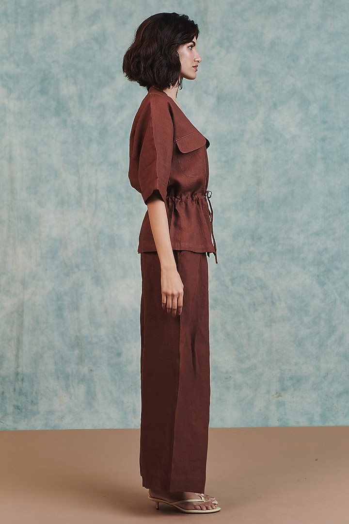 Brown Pure Linen Wide-Leg Pants by Saphed at Pernia's Pop Up Shop