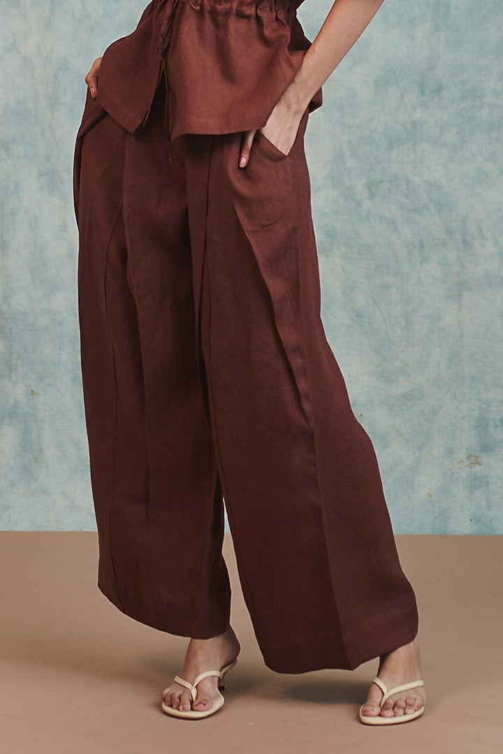 Brown Pure Linen Wide-Leg Pants by Saphed at Pernia's Pop Up Shop