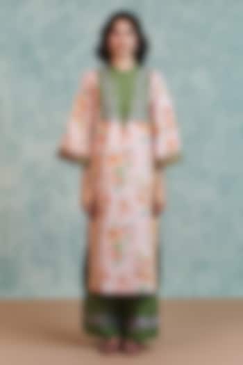 Pink & Moss Green Cotton Linen Printed Kurta Set by Saphed at Pernia's Pop Up Shop