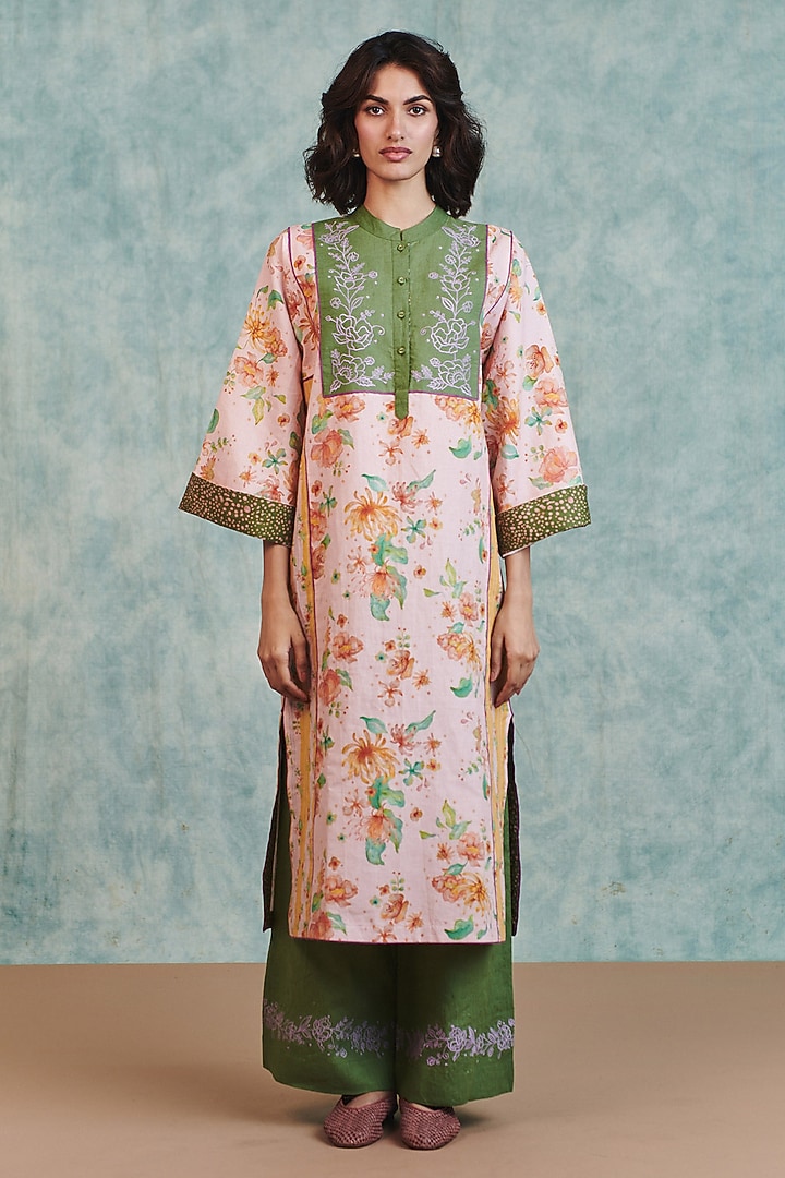 Pink & Moss Green Cotton Linen Printed Kurta Set by Saphed at Pernia's Pop Up Shop