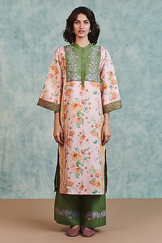 Pink & Moss Green Cotton Linen Printed Kurta Set by Saphed
