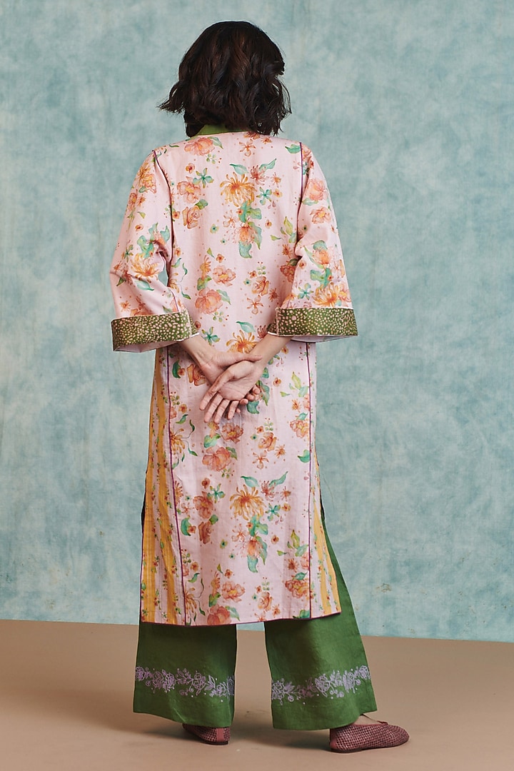 Pink & Moss Green Cotton Linen Printed Kurta Set by Saphed at Pernia's Pop Up Shop
