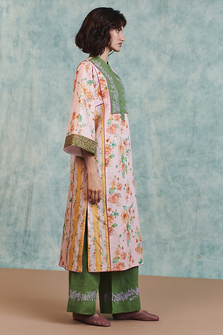 Pink & Moss Green Cotton Linen Printed Kurta Set by Saphed at Pernia's Pop Up Shop