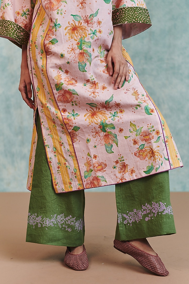 Pink & Moss Green Cotton Linen Printed Kurta Set by Saphed at Pernia's Pop Up Shop