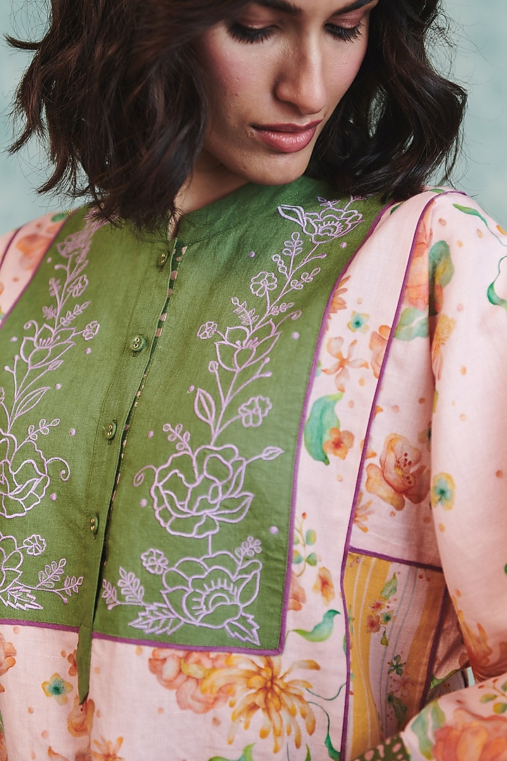 Pink & Moss Green Cotton Linen Printed Kurta Set by Saphed at Pernia's Pop Up Shop