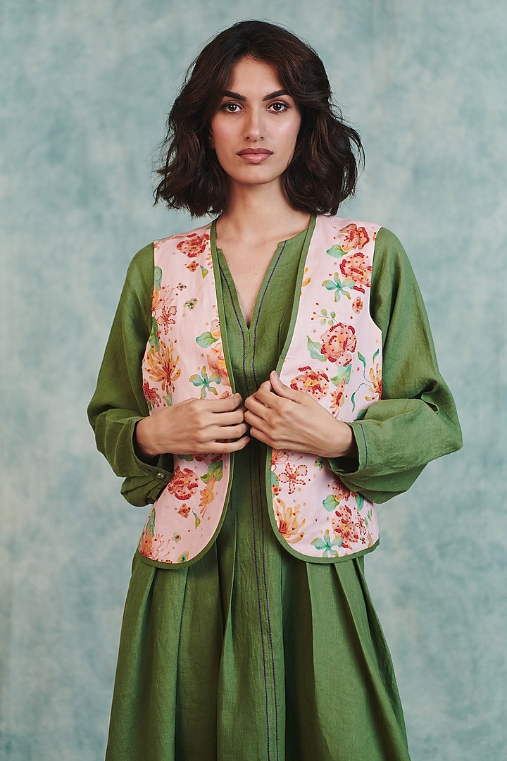 Light Pink Cotton Linen Embroidered Waistcoat by Saphed at Pernia's Pop Up Shop