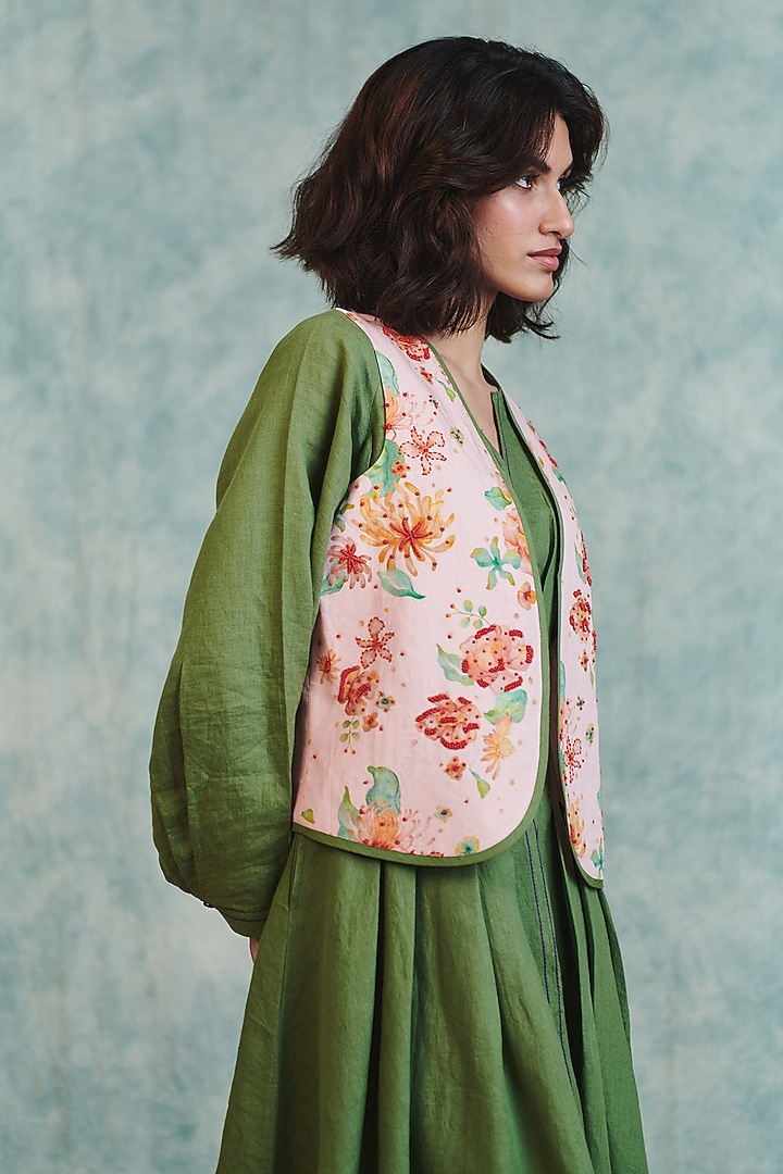 Light Pink Cotton Linen Embroidered Waistcoat by Saphed at Pernia's Pop Up Shop