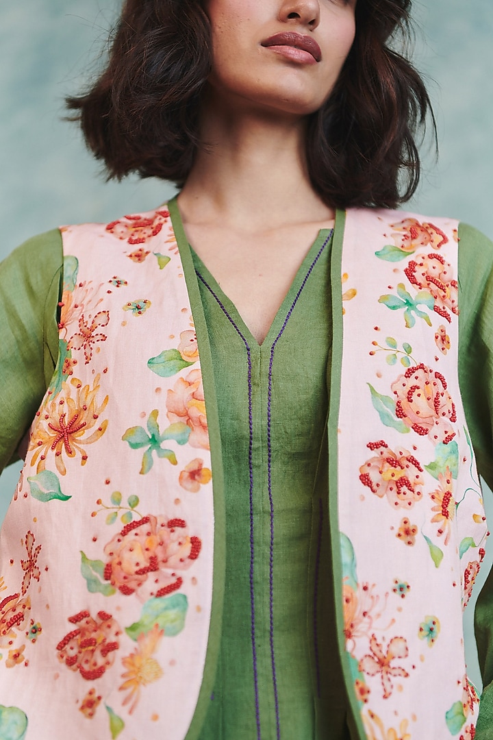 Light Pink Cotton Linen Embroidered Waistcoat by Saphed at Pernia's Pop Up Shop