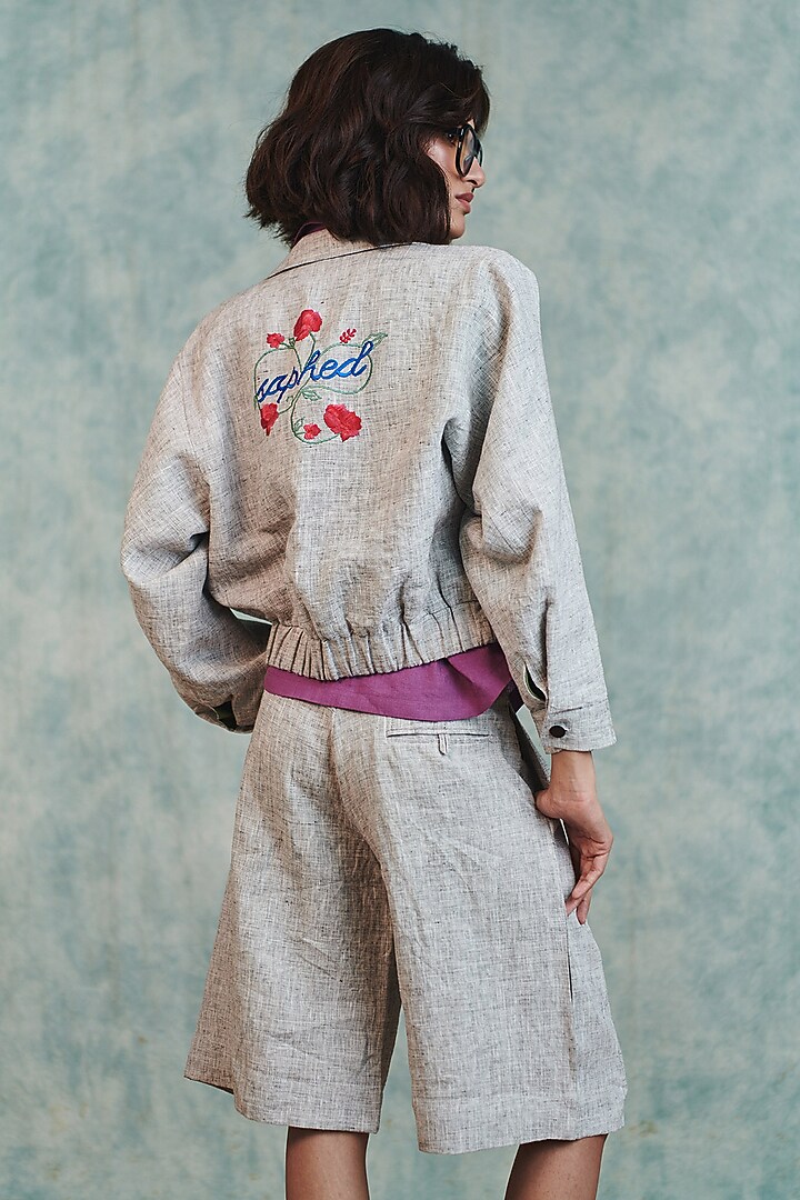 Ash Grey Pure Line Embroidered Bomber Jacket Set by Saphed at Pernia's Pop Up Shop