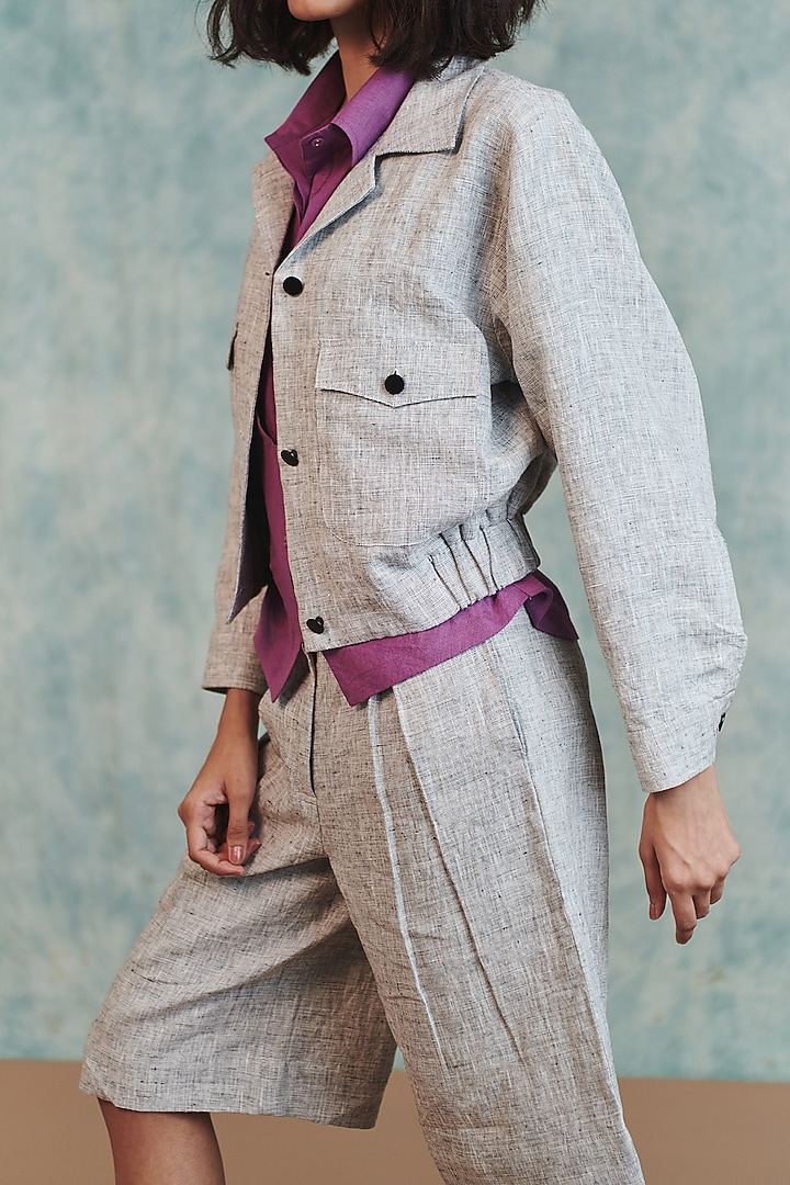 Ash Grey Pure Line Embroidered Bomber Jacket Set by Saphed at Pernia's Pop Up Shop