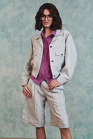 Ash Grey Pure Line Embroidered Bomber Jacket  by Saphed