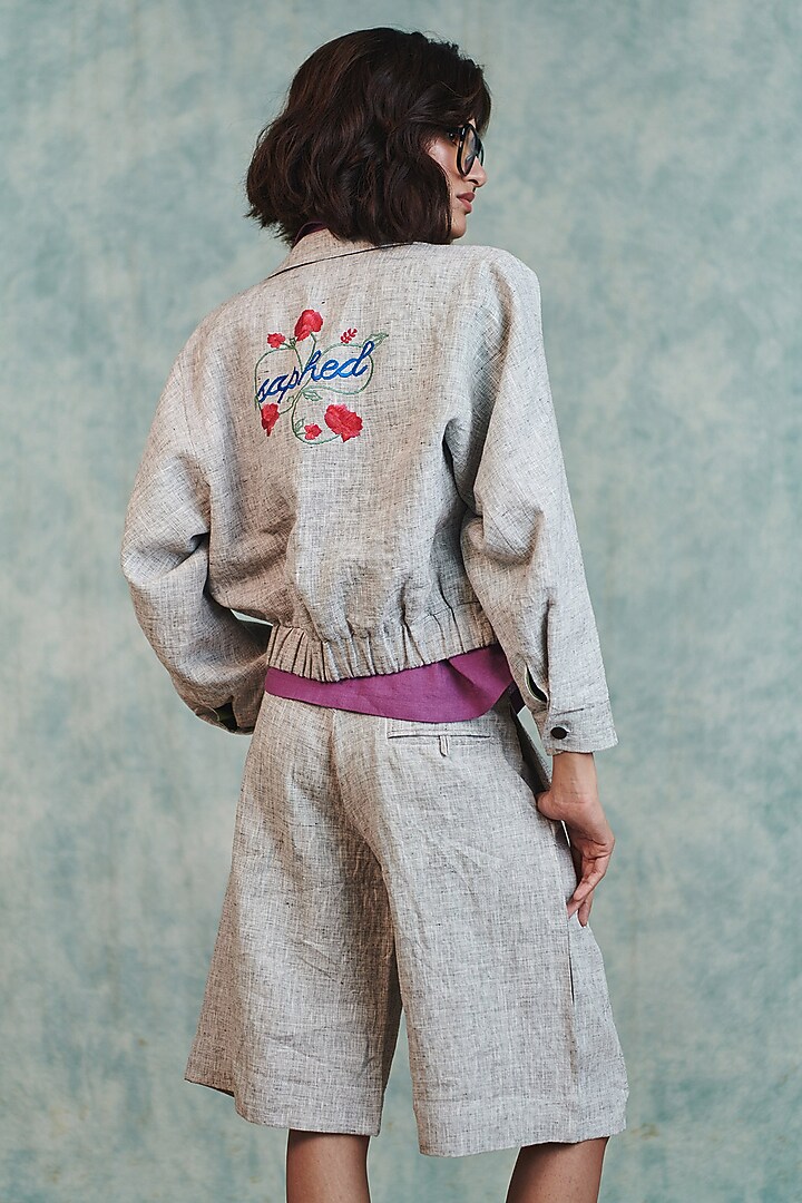 Ash Grey Pure Line Embroidered Bomber Jacket by Saphed at Pernia's Pop Up Shop