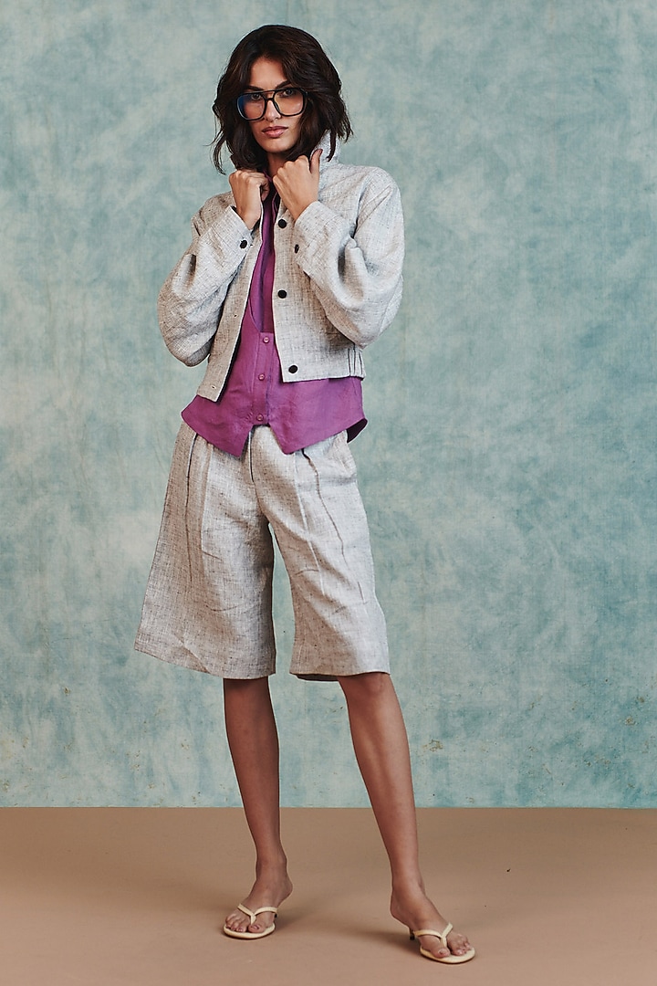 Ash Grey Pure Line Embroidered Bomber Jacket by Saphed at Pernia's Pop Up Shop