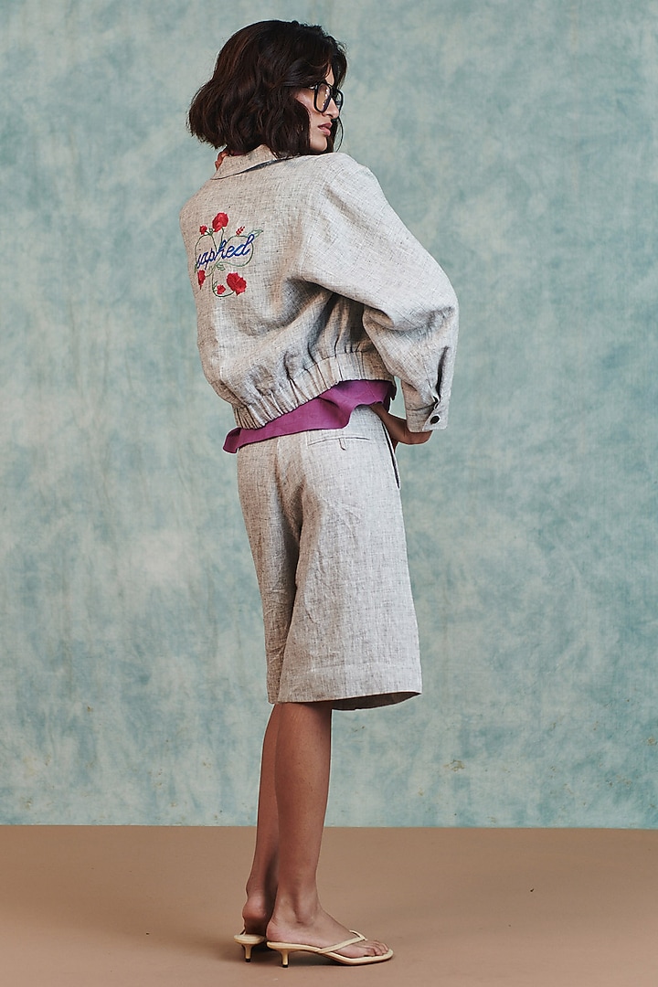 Ash Grey Pure Line Embroidered Bomber Jacket by Saphed at Pernia's Pop Up Shop