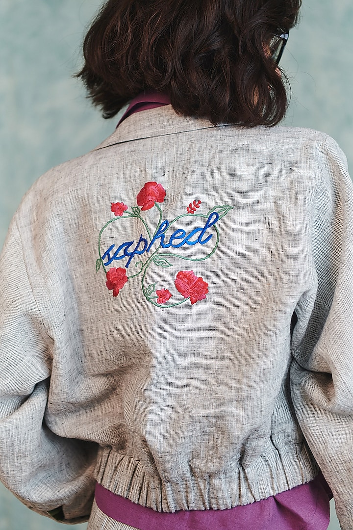Ash Grey Pure Line Embroidered Bomber Jacket by Saphed at Pernia's Pop Up Shop