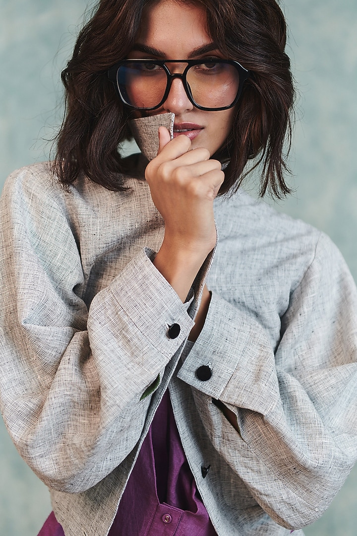 Ash Grey Pure Line Embroidered Bomber Jacket by Saphed at Pernia's Pop Up Shop