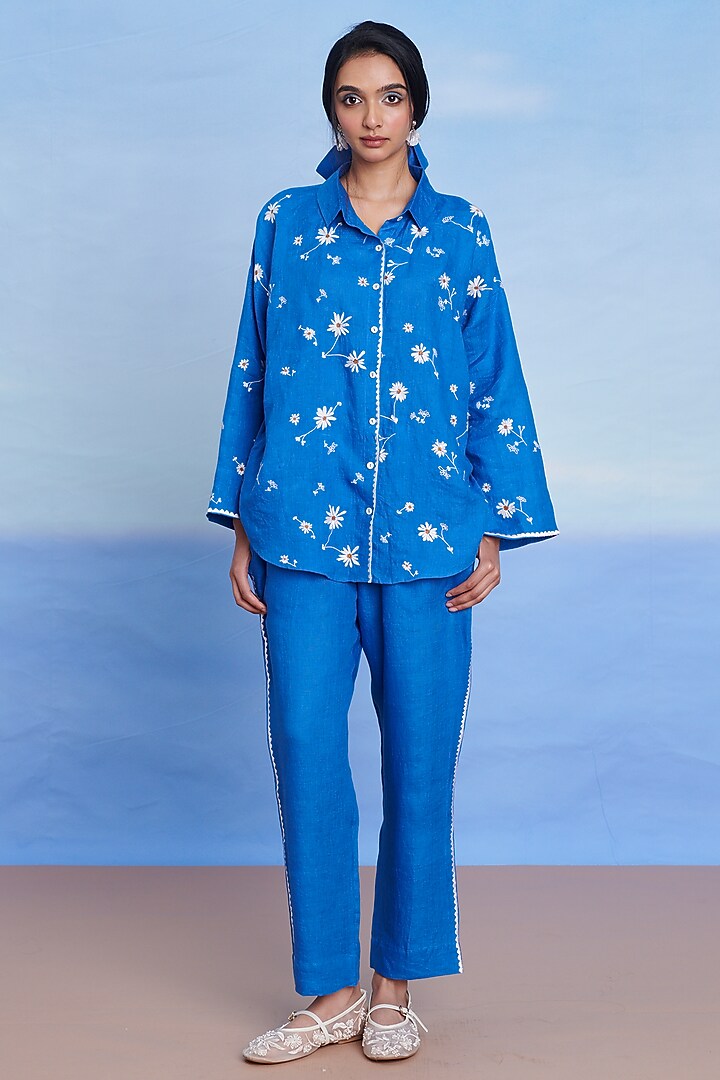 Santorini Blue Linen Machine Embroidered Oversized Shirt by Saphed at Pernia's Pop Up Shop