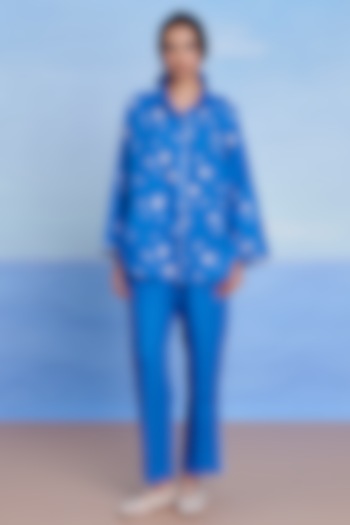 Santorini Blue Linen Machine Embroidered Oversized Co-Ord Set by Saphed at Pernia's Pop Up Shop