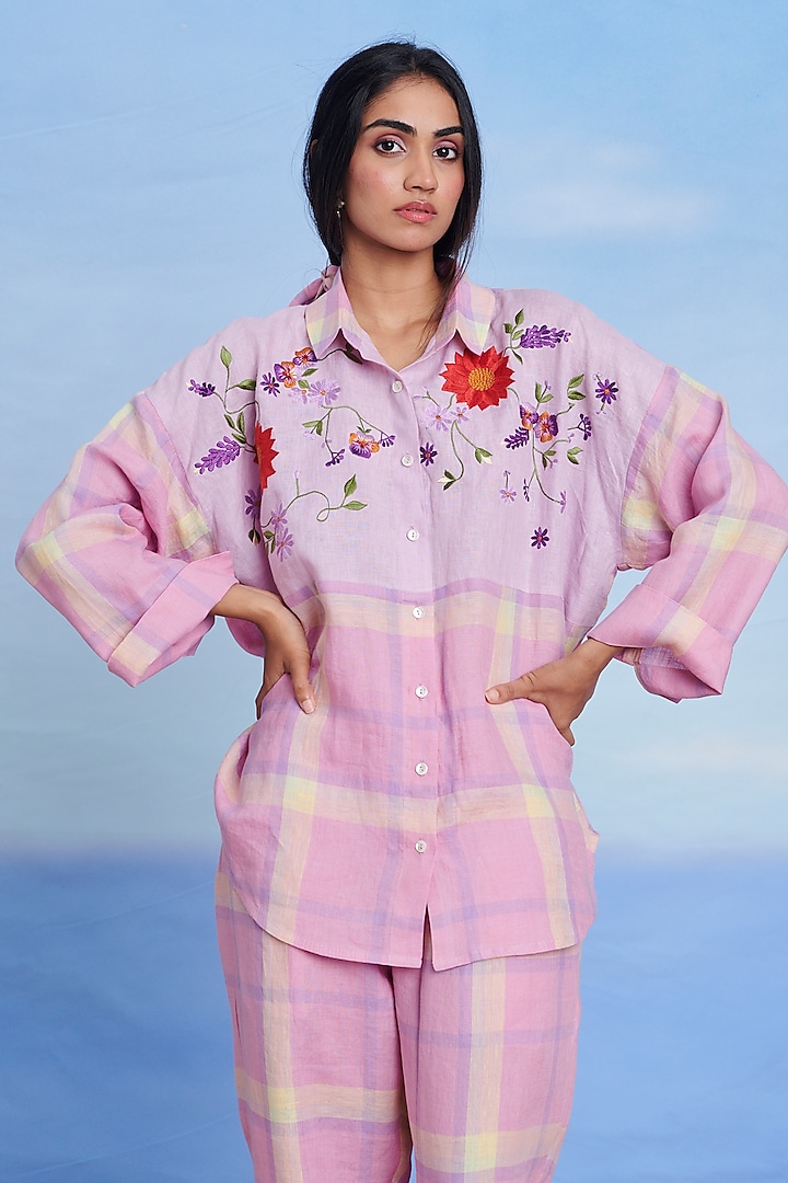 Cassata Pink Linen Machine Embroidered Oversized Shirt by Saphed at Pernia's Pop Up Shop