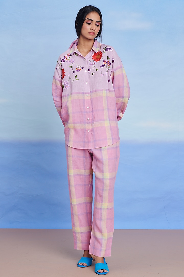 Cassata Pink Linen Pleated Pants by Saphed at Pernia's Pop Up Shop