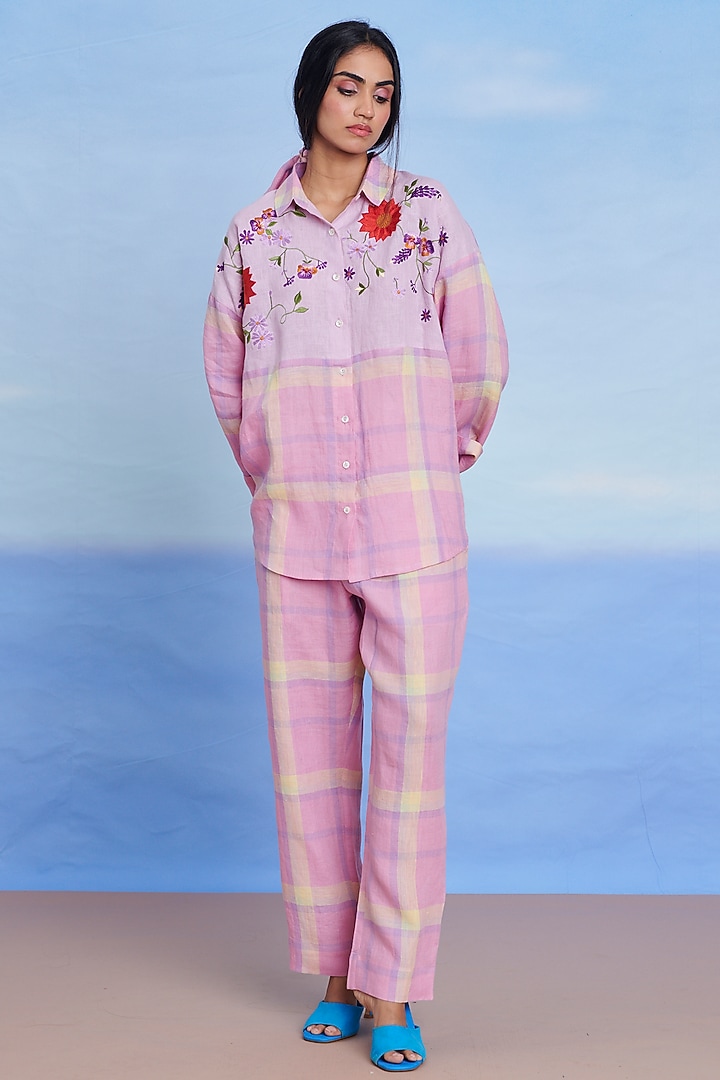 Cassata Pink Linen Machine Embroidered Oversized Co-Ord Set by Saphed at Pernia's Pop Up Shop