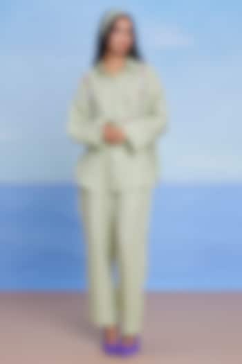 Pista Green Linen Machine Embroidered Oversized Co-Ord Set by Saphed at Pernia's Pop Up Shop