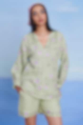 Pista Green Linen Machine Embroidered Top by Saphed at Pernia's Pop Up Shop