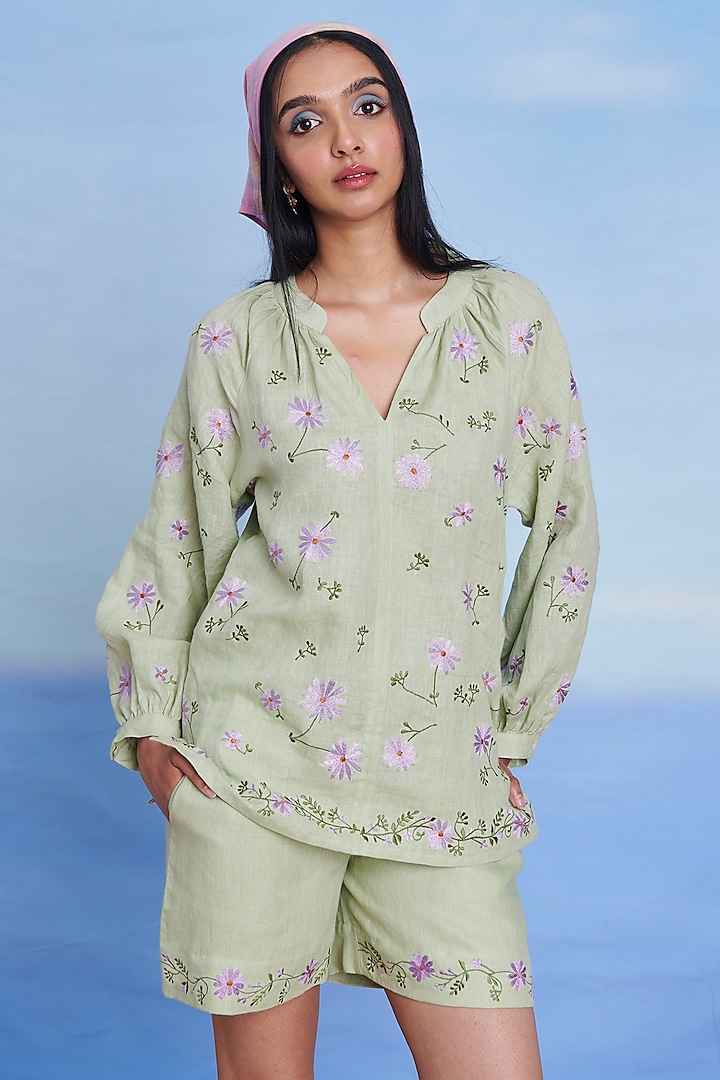 Pista Green Linen Machine Embroidered Top by Saphed at Pernia's Pop Up Shop