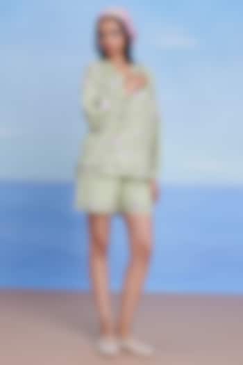 Pista Green Linen Machine Embroidered Co-Ord Set by Saphed at Pernia's Pop Up Shop