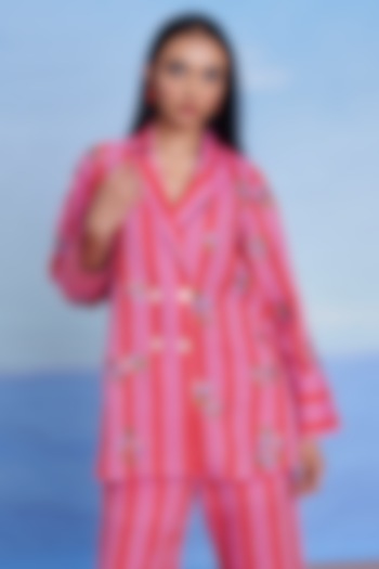 Amalfi Linen Floral Machine Embroidery Double Breasted Blazer by Saphed at Pernia's Pop Up Shop