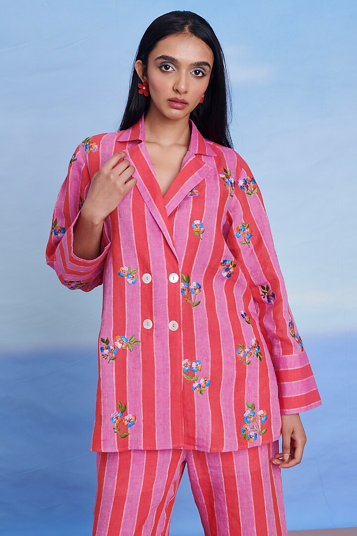 Amalfi Linen Floral Machine Embroidery Double Breasted Blazer by Saphed at Pernia's Pop Up Shop