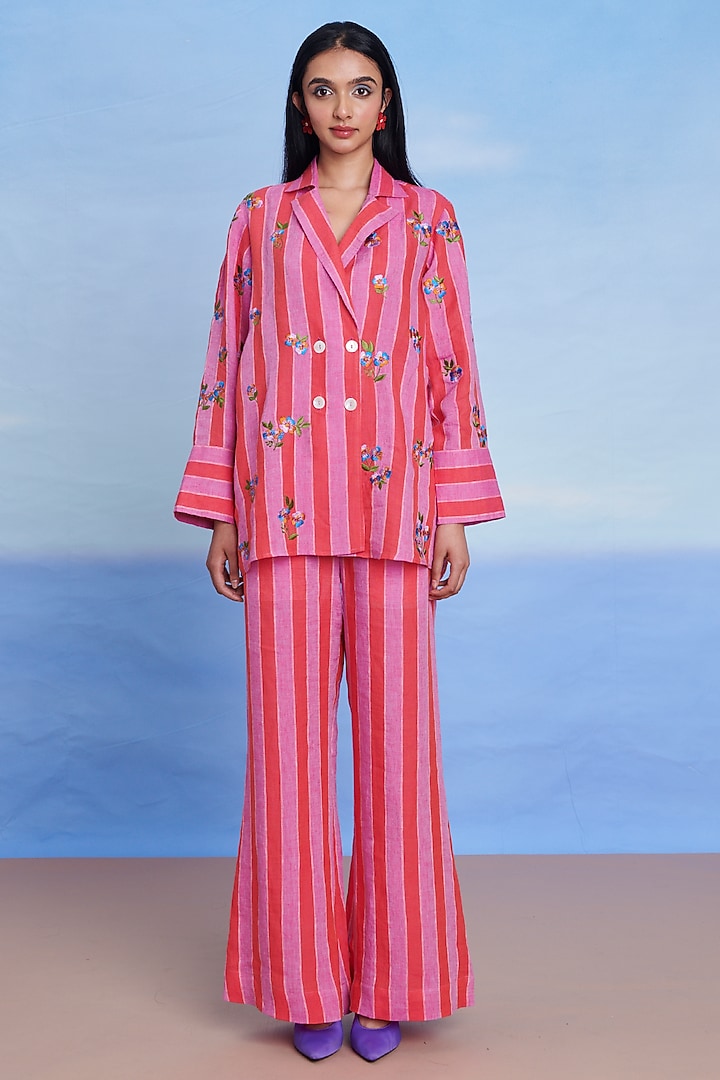Amalfi Linen Floral Machine Embroidery Double Breasted Blazer by Saphed at Pernia's Pop Up Shop
