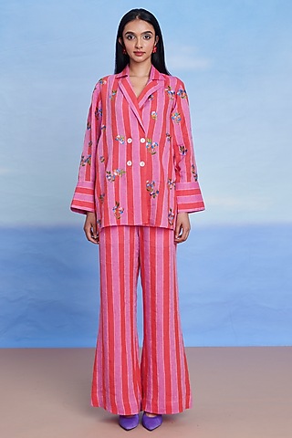 Amalfi Linen Floral Machine Embroidery Double Breasted Blazer Set by Saphed