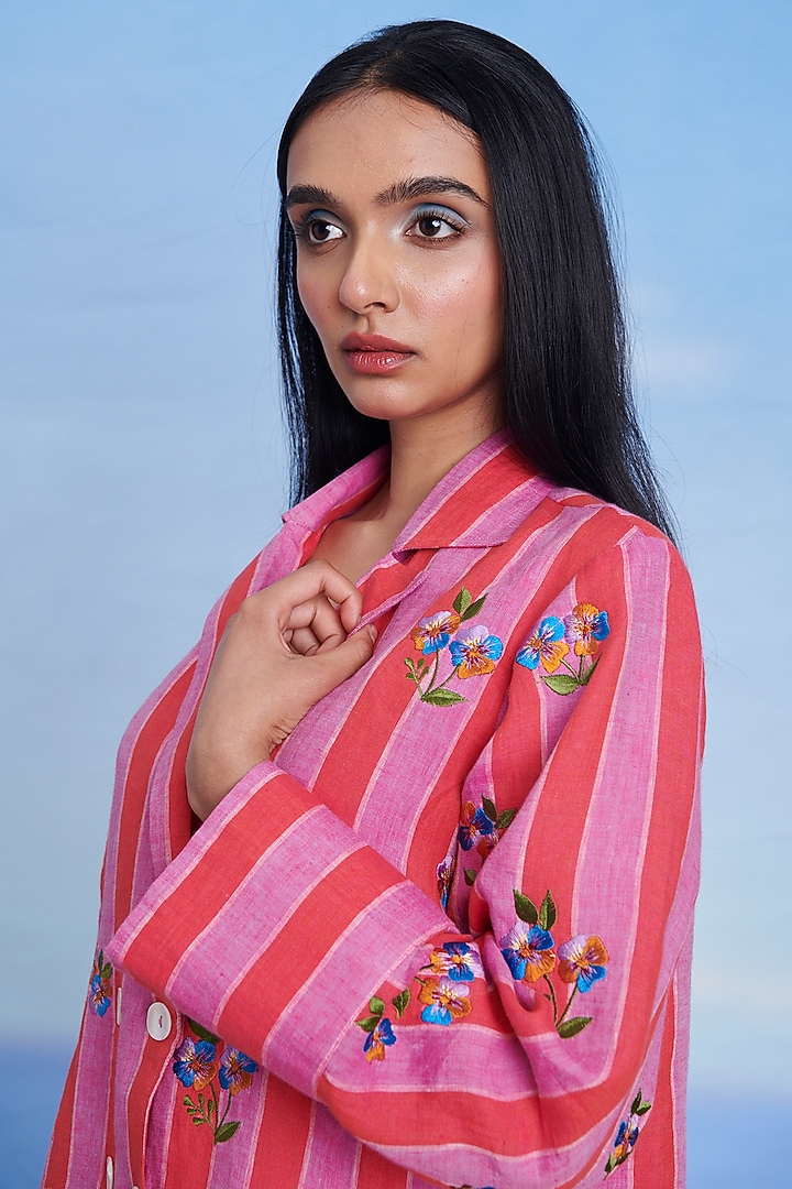 Amalfi Linen Floral Machine Embroidery Double Breasted Blazer Set by Saphed at Pernia's Pop Up Shop