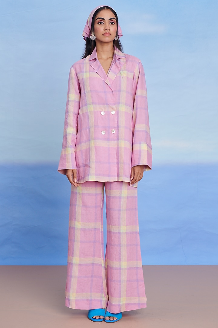 Cassata Pink Linen High-Waist Bell Bottom Pants by Saphed at Pernia's Pop Up Shop