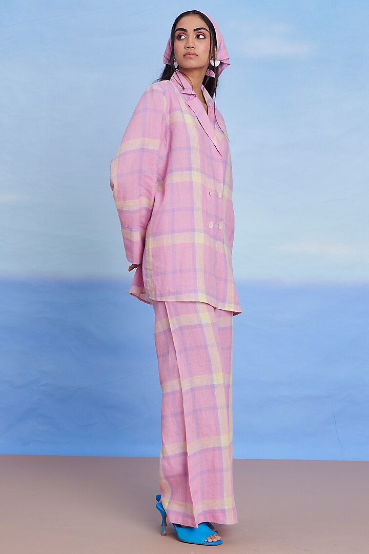 Cassata Pink Linen High-Waist Bell Bottom Pants by Saphed at Pernia's Pop Up Shop