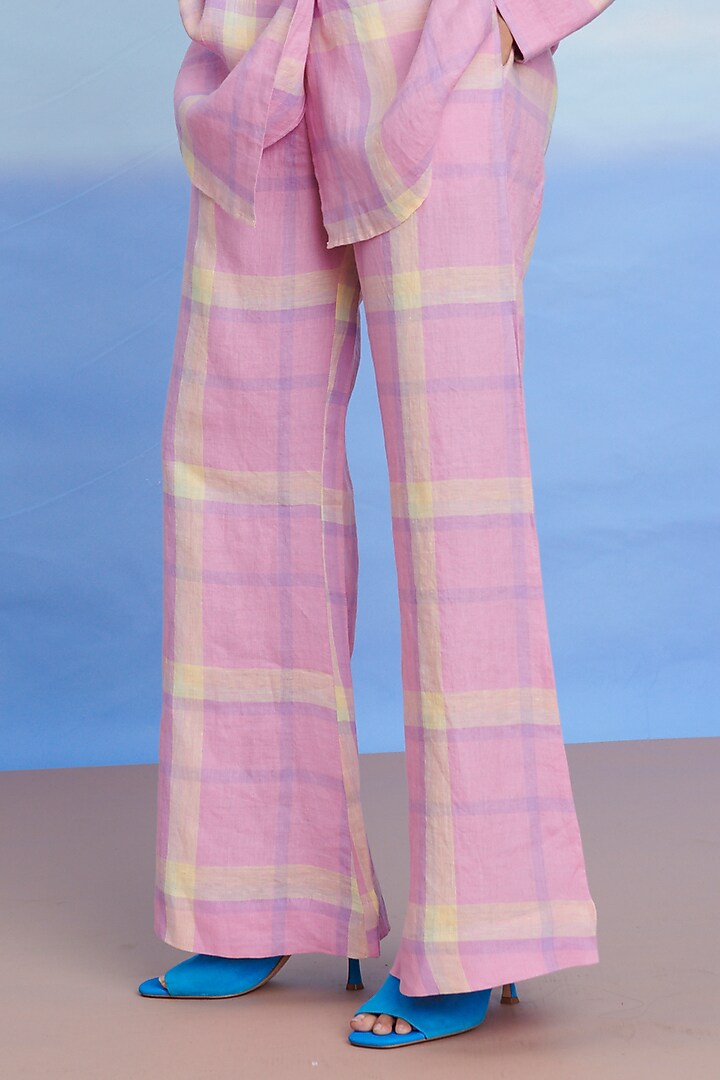 Cassata Pink Linen High-Waist Bell Bottom Pants by Saphed at Pernia's Pop Up Shop